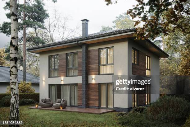 3d-rendering des modernen gemütlichen bungalows - modern home exterior stock-fotos und bilder