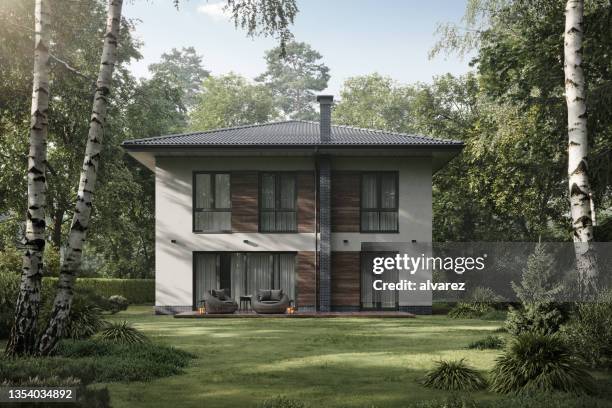 immagine generata dal computer di una casa con ampio giardino e prato - casetta di campagna foto e immagini stock