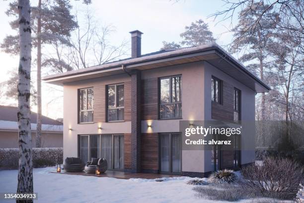 3d-rendering des modernen hausgartens am wintertag - bungalow stock-fotos und bilder