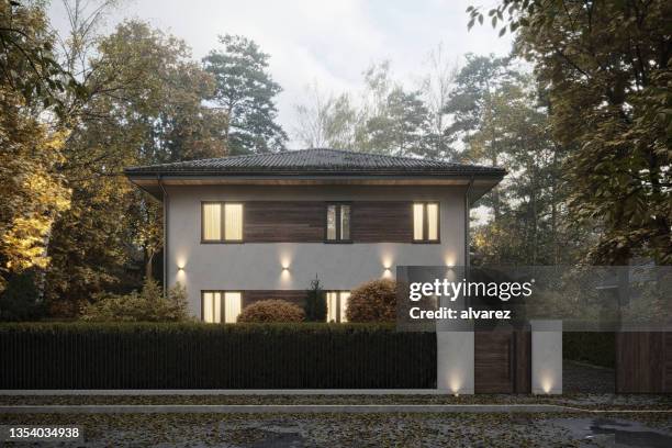 3d rendering of modern cozy house on autumn day - building front view stock pictures, royalty-free photos & images