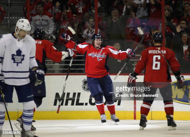 Nicklas Backstrom of the Washington Capitals scores a powerplay goal at 18:50 of the second period against the Toronto Maple Leafs at the Verizon...