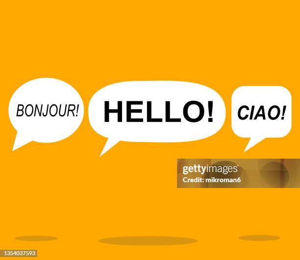 speech bubble with hello written in different languages. - english language stock pictures, royalty-free photos & images