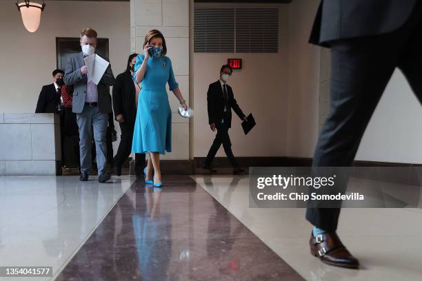 Speaker of the House Nancy Pelosi arrives for her weekly news conference in the U.S. Capitol Visitors Center on November 18, 2021 in Washington, DC....