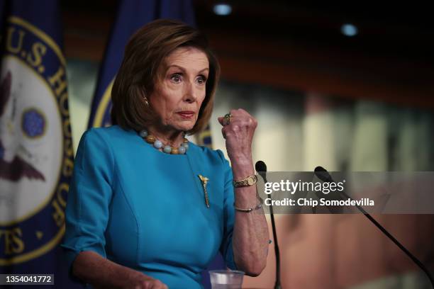 Speaker of the House Nancy Pelosi talks to reporters during her weekly news conference in the U.S. Capitol Visitors Center on November 18, 2021 in...