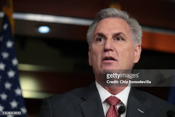 House Minority Leader Kevin McCarthy talks to reporters during his weekly news conference in the U.S. Capitol Visitors Center on November 18, 2021 in...