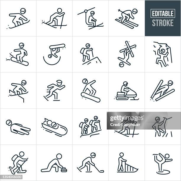 illustrazioni stock, clip art, cartoni animati e icone di tendenza di icone a linea sottile per gli sport invernali - tratto modificabile - winter sports icon