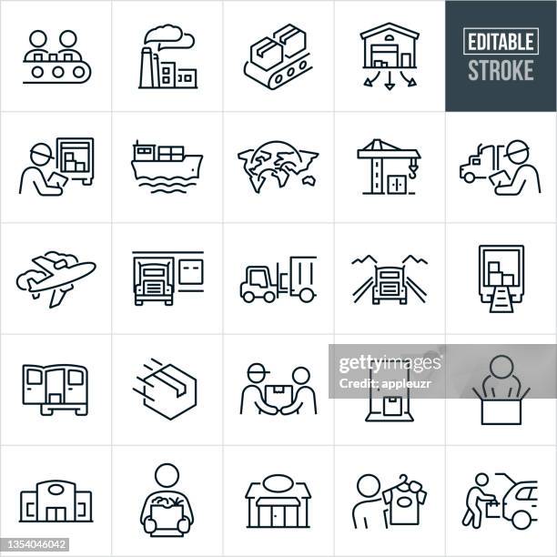 ilustraciones, imágenes clip art, dibujos animados e iconos de stock de iconos de línea delgada de la cadena de suministro - trazo editable - shipping