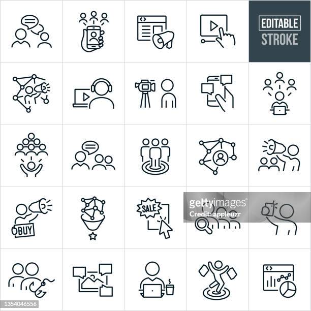 ilustraciones, imágenes clip art, dibujos animados e iconos de stock de iconos de línea delgada de marketing en redes sociales - trazo editable - seguir actividad móvil general