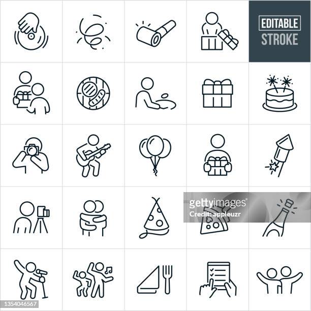 party und celebration thin line icons - bearbeitbarer strich - birthday icons stock-grafiken, -clipart, -cartoons und -symbole