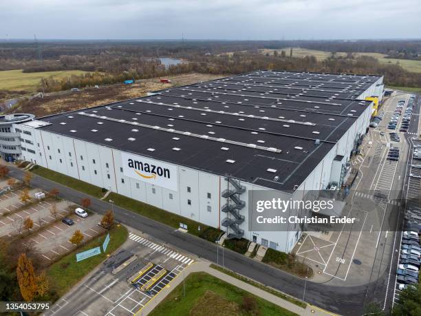 In this aerial view, an Amazon packaging center is seen on November 18, 2021 in Brieselang, Germany. Many shoppers who fear gifts will be lacking due...