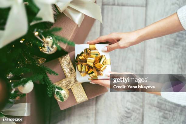 soft woman hands putting gift box under the christmas tree - new year gifts imagens e fotografias de stock