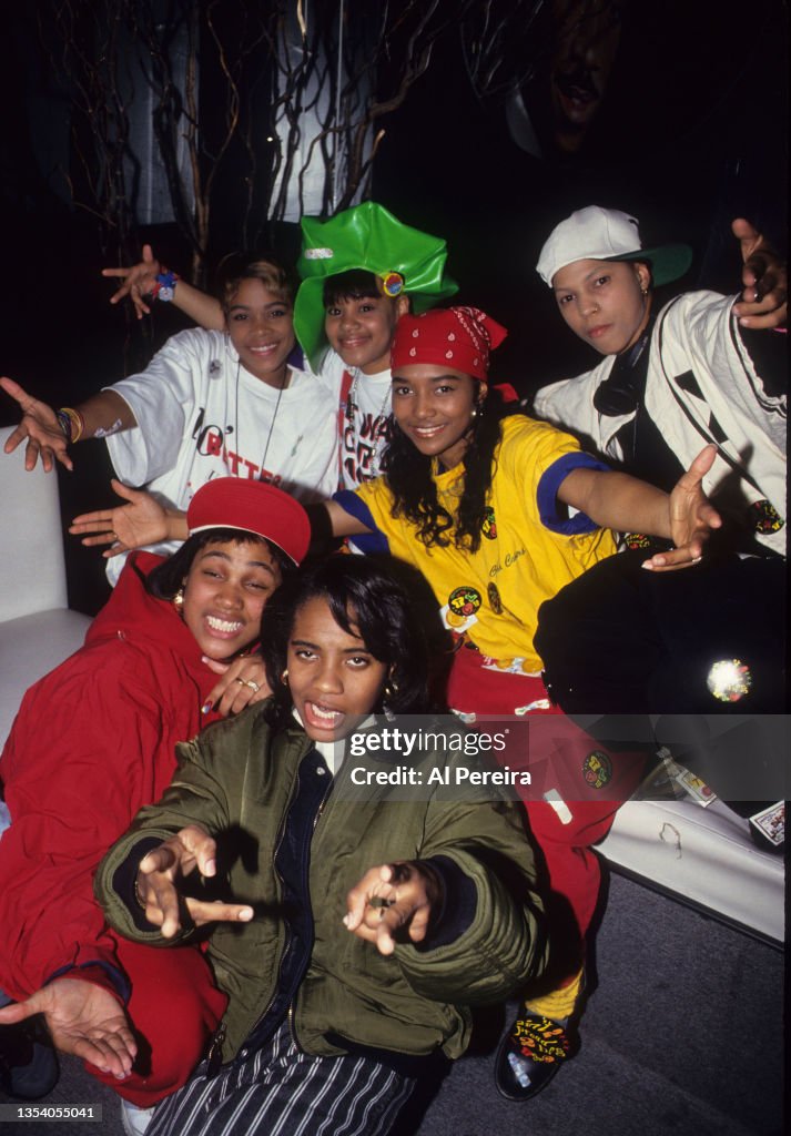 Club Celebration Rapper Rappers Monie Love and MC Lyte appear at a party with the group TLC ...
