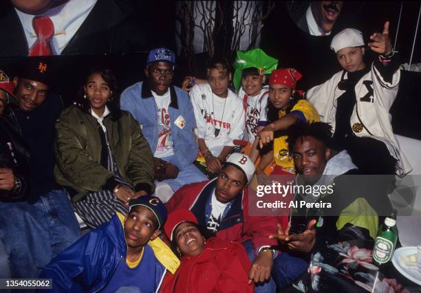 Rappers Q-Tip, D-Nice , Pfife Dawg ; Chi-Ali ; Monie Love and MC Lyte and Haas G of the U.M.C.'s appear at a party with the group TLC when they...