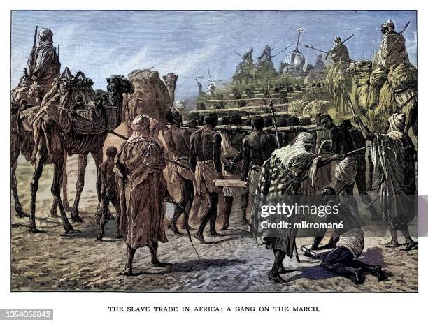 old engraved illustration of the slave trade in africa, a gang on the march - slavery stockfoto's en -beelden