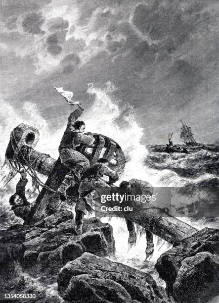 shipwrecked people hold on to a beam on the bank, with the sinking ship in the background - shipwreck stock illustrations