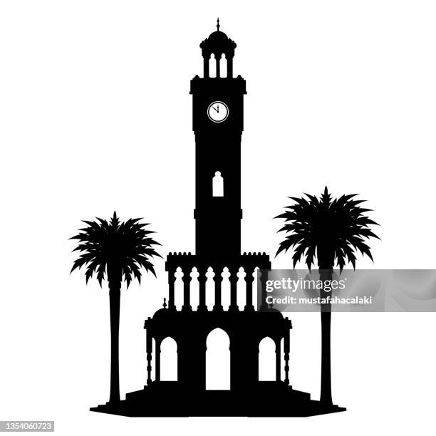 izmir uhrturm und palmen silhouette - turmuhr stock-grafiken, -clipart, -cartoons und -symbole