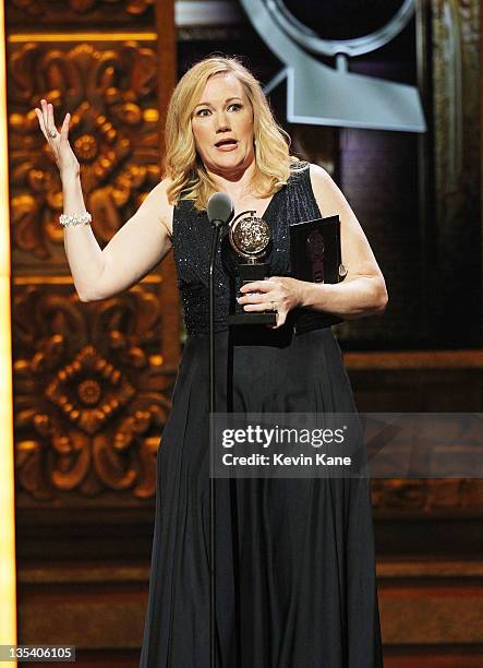 Winner for Best Choreography Kathleen Marshall speaks on stage during the 65th Annual Tony Awards at the Beacon Theatre on June 12, 2011 in New York...