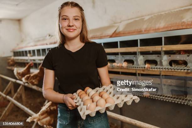 portrait of teenage girl holding eggs in container - female farmer stock pictures, royalty-free photos & images
