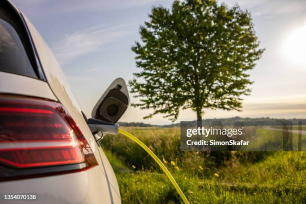 ein elektroauto auf der grünen wiese in der natur laden - benzin sparen stock-fotos und bilder