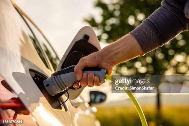 l'uomo inserisce un cavo di alimentazione in un'auto elettrica per la ricarica nella natura - batteria foto e immagini stock