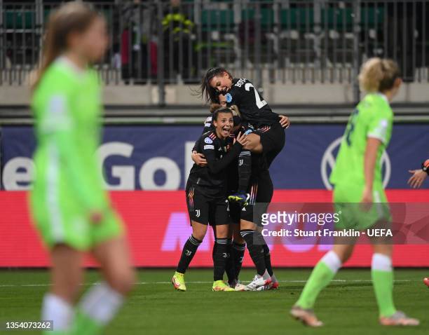 Andrea Staskova of Juventus celebrates scoring the second goal with Arianna Caruso during the UEFA Women's Champions League group A match between VfL...