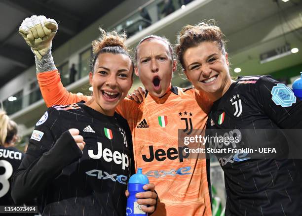 Arianna Caruso, Pauline Peyraud-Magnin and Cristiana Girelli of Juventus celebrate after the UEFA Women's Champions League group A match between VfL...