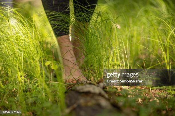 low section of woman walking barefoot on tree trunk - bare foot stock pictures, royalty-free photos & images