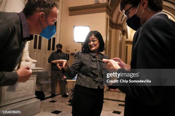 Chair of the Congressional Progressive Caucus Rep. Pramila Jayapal leaves the Will Rogers Hallway following a television interview at the U.S....