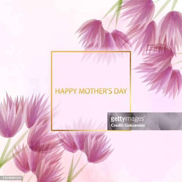 happy mother's day, watercolor multicolored fresh bloosoms design for greeting cards, advertising, banners, leaflets and flyers. floral frame. delicate bouquet with purple and pink flowers arranged to form a cheerful frame for greeting cards and designs. - mothers day text art stock illustrations