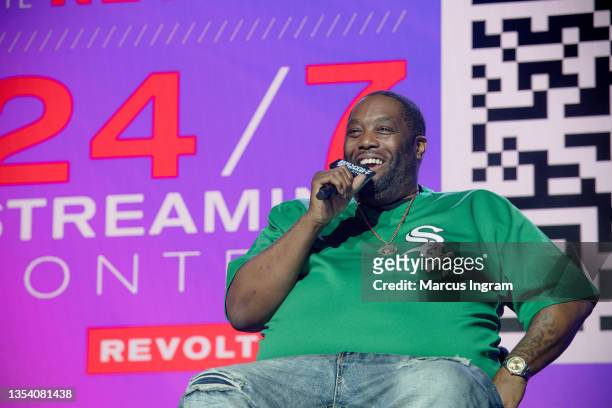 Rapper Killer Mike on stage during the Revolt Summit x AT&T "For the Love of The A" conversation segment at 787 Windsor on November 13, 2021 in...