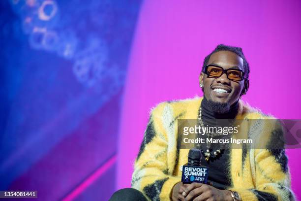 Rapper Offset speaks on stage during the Revolt Summit x AT&T "For the Love of The A" conversation segment at 787 Windsor on November 13, 2021 in...