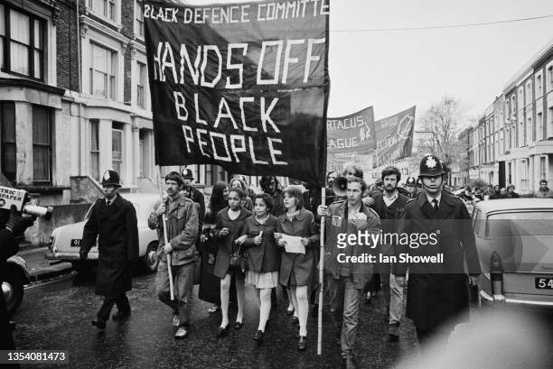 The first march by the Black Defence Committee protesting about police harrassment of Black people and lead by a banner reading 'Hands Off Black...