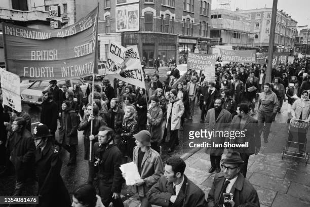 The first march by the Black Defence Committee protesting about police harrassment of Black people, in Notting Hill, west London, 31st October 1970....