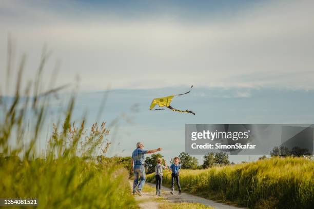 grandfather with grandsons holding kite on rural road - kid flying stock pictures, royalty-free photos & images
