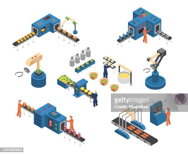 industrial robots and manufacturing isometric - manufacturing equipment stock illustrations