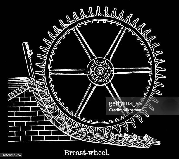 old engraved illustration of breast wheel, waterwheel - water wheel stock pictures, royalty-free photos & images