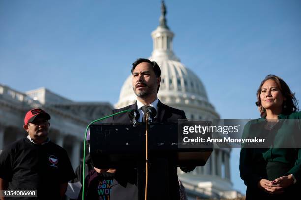 Rep. Joaquin Castro speaks at a press conference on immigration on Capitol Hill on November 18, 2021 in Washington, DC. Rep. Escobar talked about the...