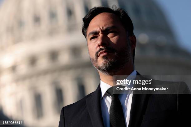 Rep. Joaquin Castro speaks at a press conference on immigration on Capitol Hill on November 18, 2021 in Washington, DC. Rep. Escobar talked about the...