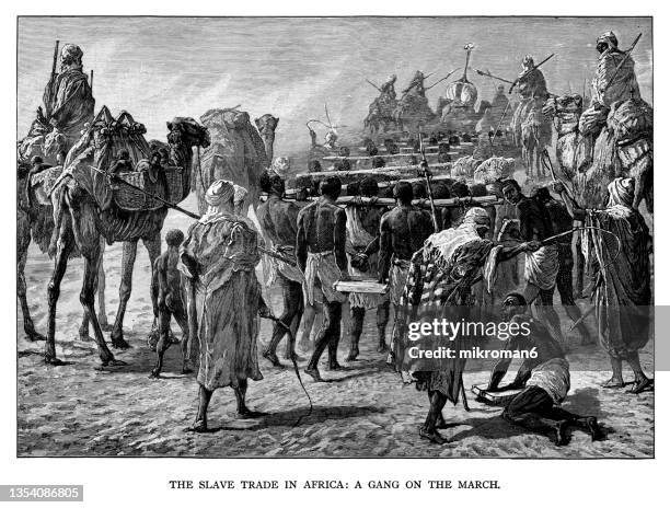 old engraved illustration of the slave trade in africa, a gang on the march - escaping slavery stock pictures, royalty-free photos & images