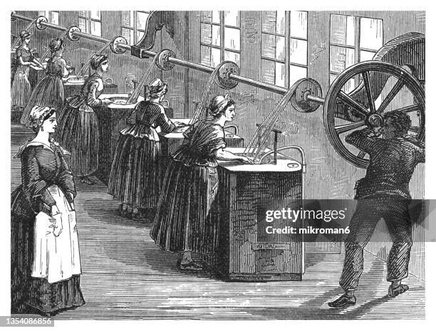 old engraved illustration of silk-winding establishment - estilo do século 19 imagens e fotografias de stock