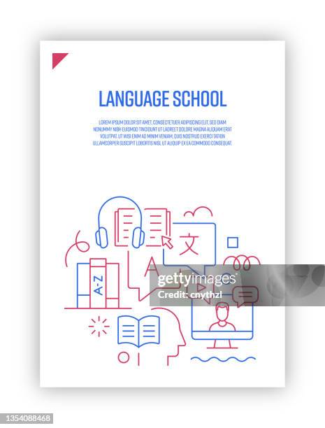 stockillustraties, clipart, cartoons en iconen met vector set of illustration language school concept. line art style background design for web page, banner, poster, print etc. vector illustration. - niet westers schrift