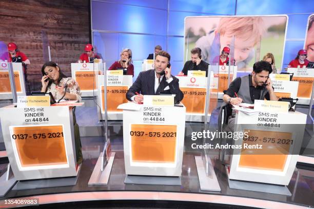 Tanja Tischewitsch, Jay Khan and Marc Terenzi attend the 26th RTL Telethon on November 18, 2021 in Huerth, Germany.