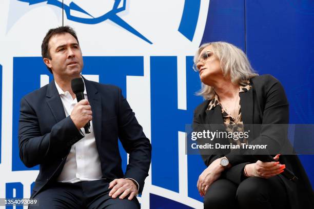 Former North Melbourne senior coaches Brad Scott and Dani Laidley speak during a North Melbourne Kangaroos AFL Media Opportunity at Arden Street...