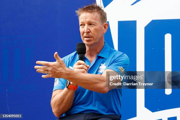 David Noble, Senior Coach of the Kangaroos speaks during a North Melbourne Kangaroos AFL Media Opportunity at Arden Street Ground on November 19,...