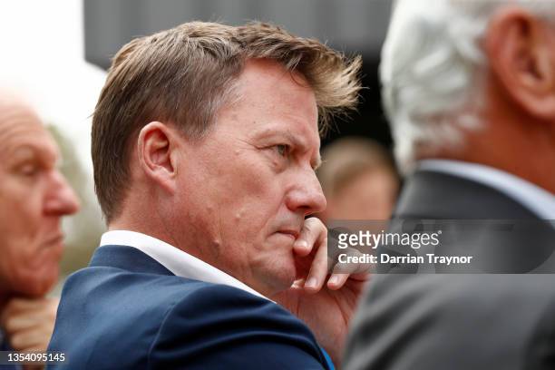 Former North Melbourne Chairman James Brayshaw looks on during a North Melbourne Kangaroos AFL Media Opportunity at Arden Street Ground on November...