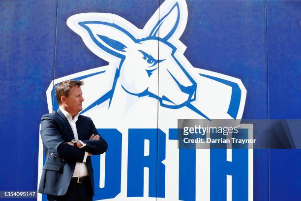 Former North Melbourne Chairman James Brayshaw looks on during a North Melbourne Kangaroos AFL Media Opportunity at Arden Street Ground on November...