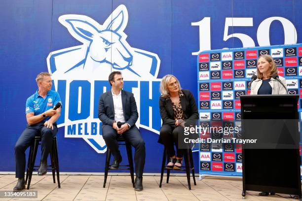 David Noble, Senior Coach of the Kangaroos and former coaches Brad Scott and Dani Laidley speak during a North Melbourne Kangaroos AFL Media...