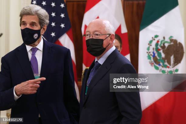 Ambassador to Mexico Ken Salazar and Special Presidential Envoy for Climate John Kerry arrive at the first North American Leaders’ Summit since 2016...