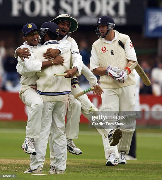 Sourav Ganguly, Virender Sehwag and Harbhajan Singh of India celebrate after victory during the fifth day of the third Npower test match at...