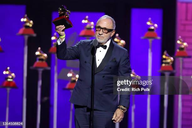 Emilio Estefan accepts Best Contemporany Tropical/Tropical Fusion Album for "Brazil305" on behalf of Gloria Estefan onstage at the Premiere Ceremony...